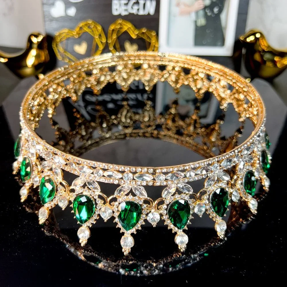 Royal Queen Crown for Women, Green Rhinestone Wedding Crown, Prom Party XL Crown - Picture 6 of 6